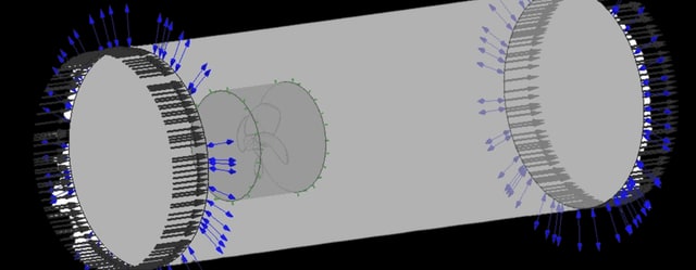CFD computational domain mesh with inlet and outlet flow vectors