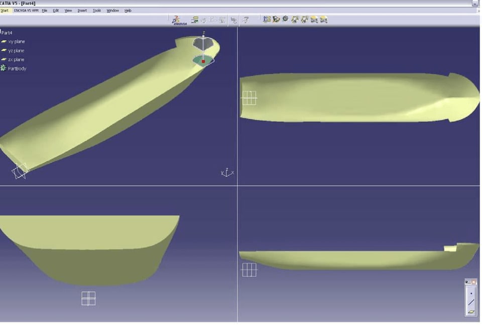 CATIA vessel hull modeling views used for CFD mesh preparation