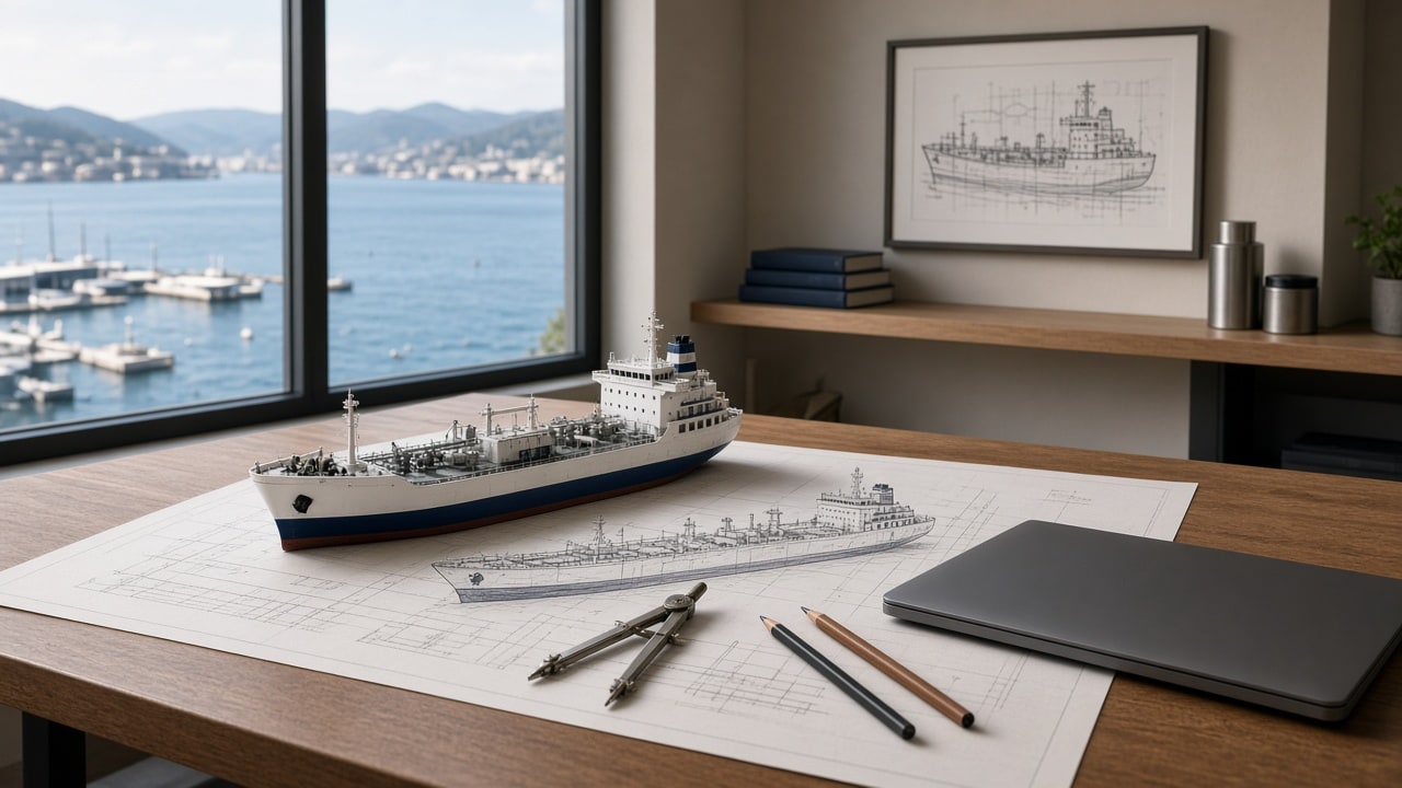 Marine office desk with a ship model, technical blueprint, and harbor view.
