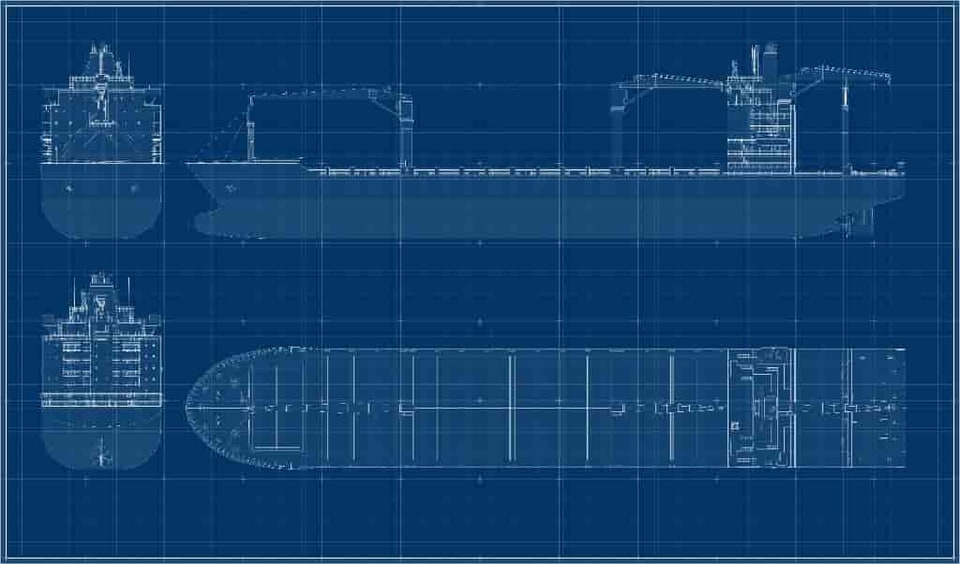 Naval architecture technical blueprint showing hull elevations and deck plan